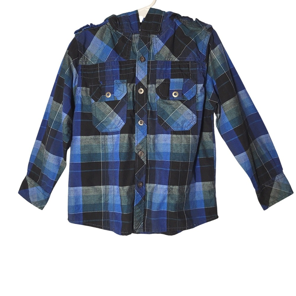 Black Jack Boys Blue Black Plaid Hooded Button Shirt Long Sleeve Size Med 8